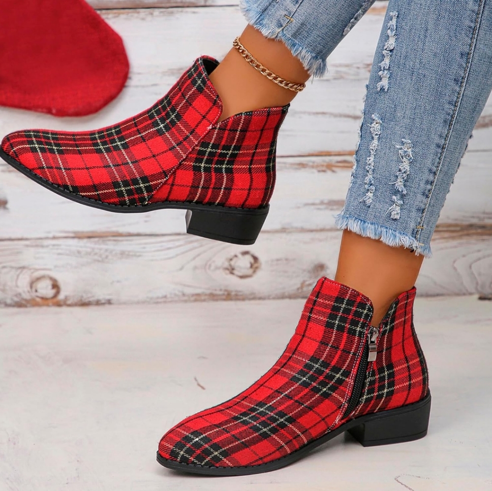 Motorcycle Plaid Print Ankle Booties For Women